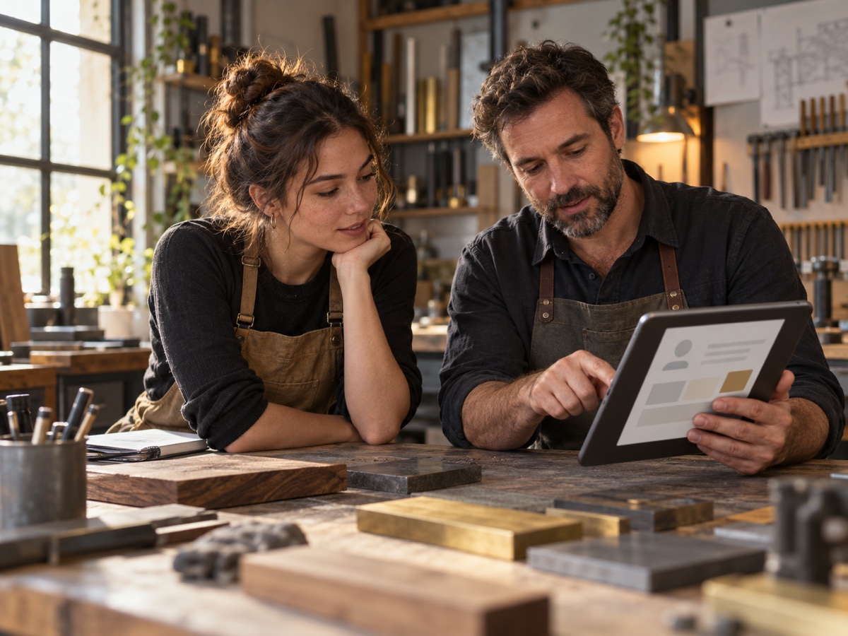 Eine angehende Handwerkerin bespricht mit einem Werkstattinhaber ein digitales Berufsprofil