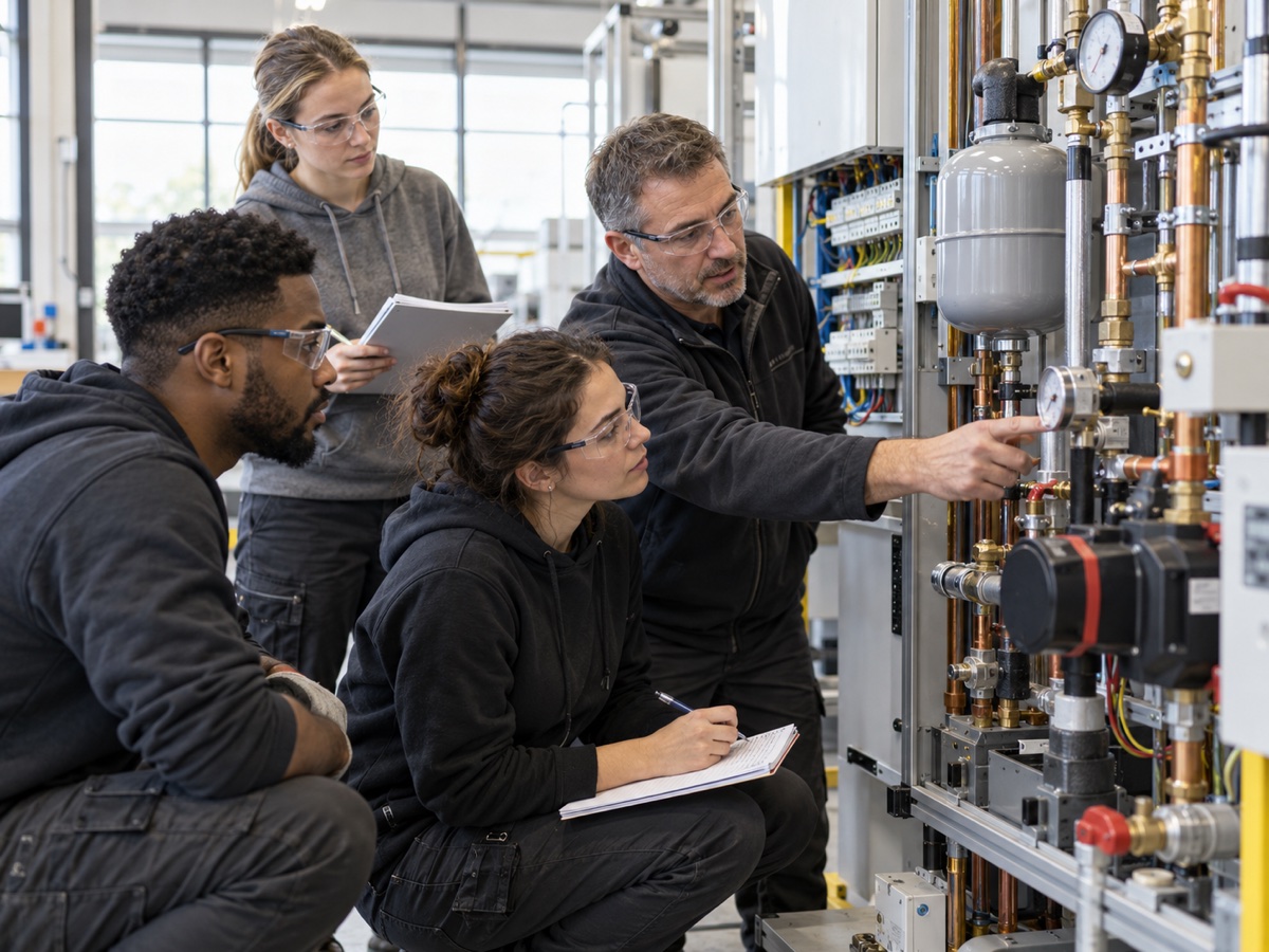 Erwachsene Auszubildende untersuchen mit einem Ausbilder eine technische Trainingsanlage